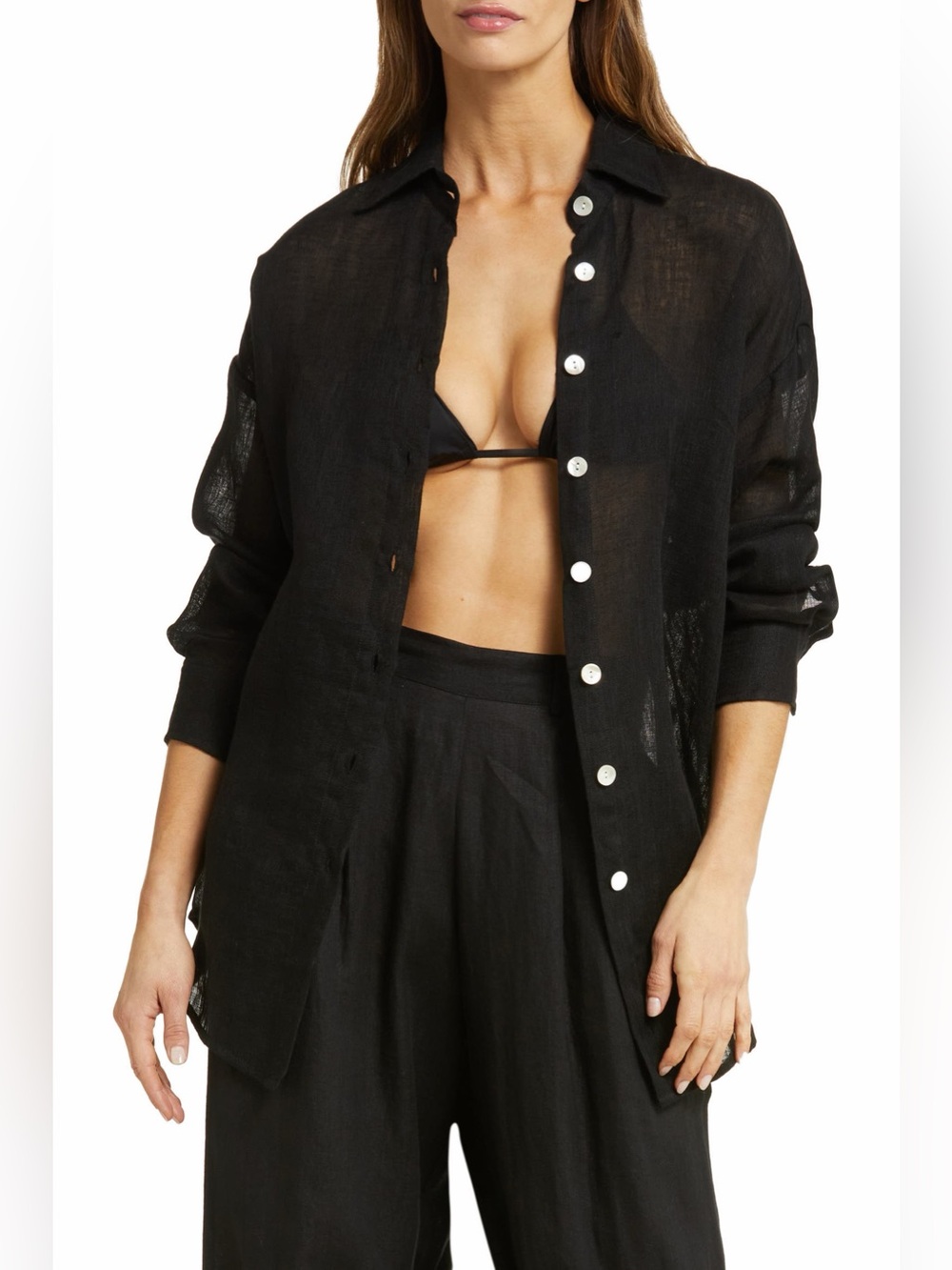Vitamin A Playa Oversize Cover-Up Shirt Black Eco Linen Maybe Size Small/Medium